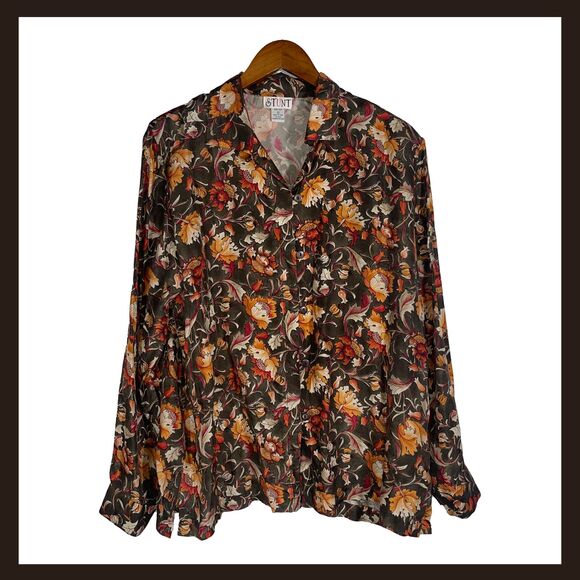 100% Silk Floral Blouse Brown Orange Red Long Sleeve Button Front Women’s Large - Picture 1 of 9